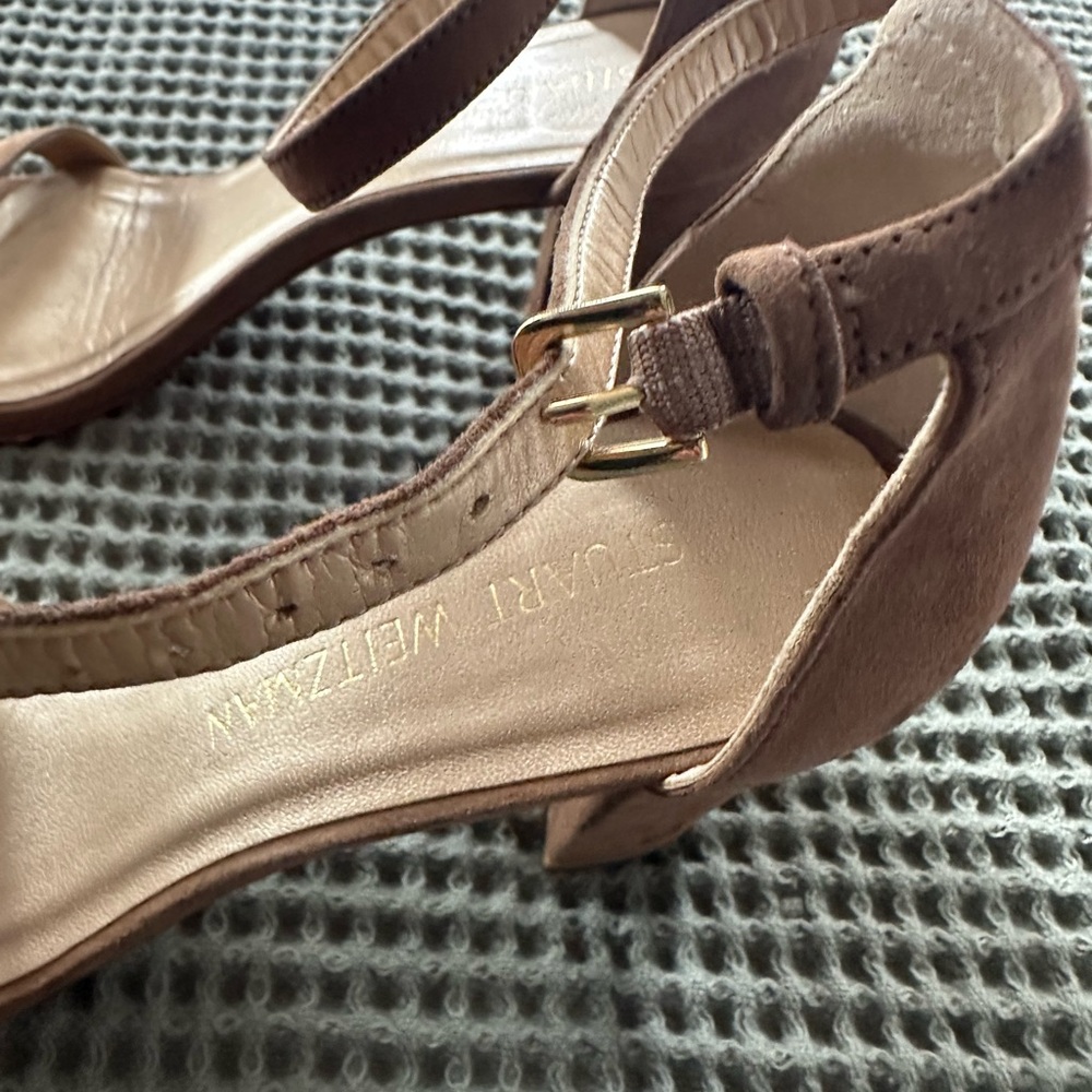 Stuart Weitzman Brown/Tan Suede Open-Toe Ankle-Strap Heels - Picture 9 of 11